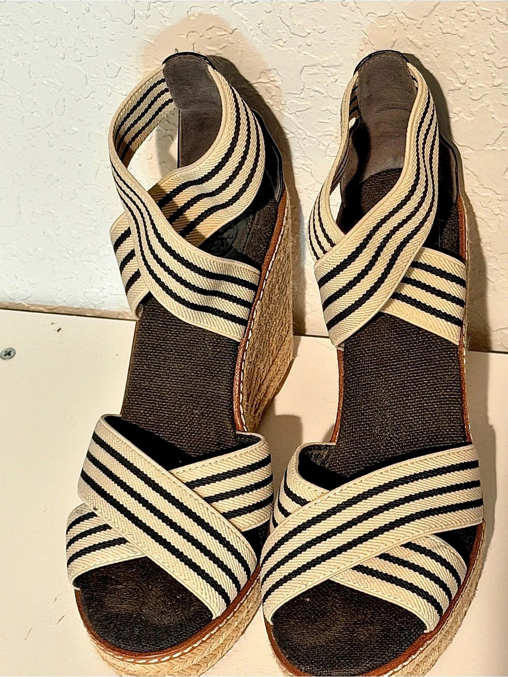 Tory Burch Striped Wedge Sandals in Black & Beige